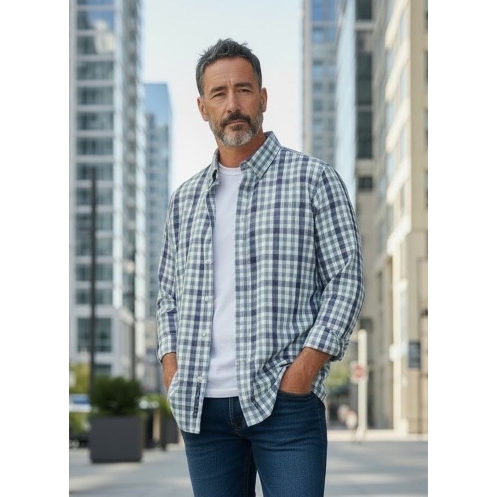 Johnnie-O Men's Button Down Long Sleeve Shirt Blue Plaid Cotton/Bamboo Large